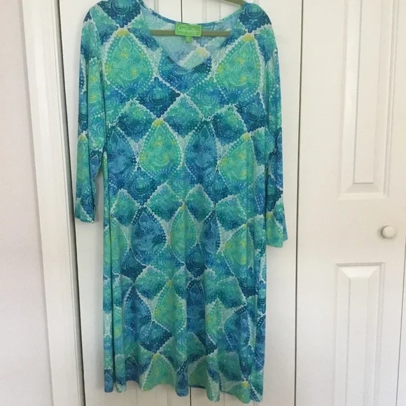Pappagallo Blue and Green V-Neck Dress 2X excellent condition. - Picture 1 of 4